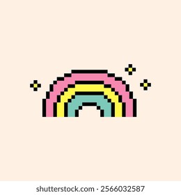 Rainbow arch emoji. Rainbow pixel art icon. Colorful retro sticker. Editable pixel vector illustration. Cute badge. Game abstract element. Y2k modern geometric shape for collage, poster. Mood of 90s
