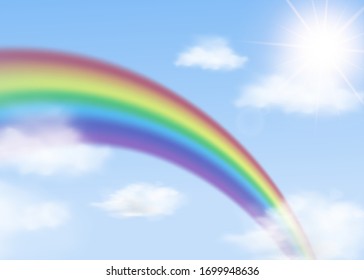 Rainbow arch on blue sky with clouds background realistic vector illustration. Summer layout template or banner design with spectrum colorful after rain bow.