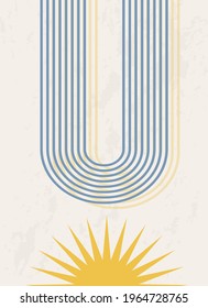 Rainbow arch and sunrise. A symbol of peace, harmony and freedom. Template with abstract composition. Modern minimalism, boho style. Vector banner for postcards, wall art, interior card.