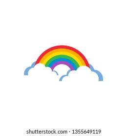 Rainbow arch with two clouds colorful vector icon with primary color spectrum. Rainbow 6-colors curve with white clouds with blue shadow simple icon.