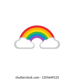 Rainbow arch with two clouds colorful vector icon with primary color spectrum. Rainbow 6-colors curve with clouds simple icon.