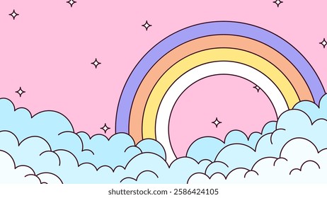 Rainbow arching over fluffy clouds in pastel color and hand drawn cartoon illustration vector  perfect for childcare’s themes