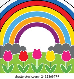 Rainbow arching over a meadow filled with tulips