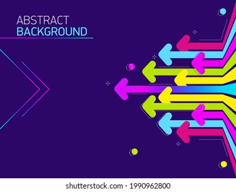 rainbow Arrows move to left. Bright Abstract purple background with rainbow arrows on dark backdrop. Futuristic Vector illustration. Horizontal cover.