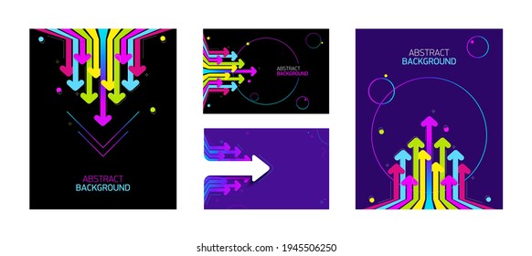 Flechas arcoiris sobre fondo oscuro. Ilustración vectorial futurista del movimiento. Concepto de avance, disminución o éxito.