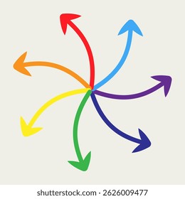 Arco iris flechas hacia fuera centro, trabajo en equipo, distribución de tareas, creatividad y desarrollo, ideal para ilustraciones, Anuncios, publicidad.