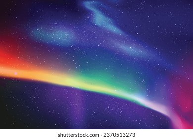 Rainbow aurora borealis. Night starry sky and colorful polar lights 