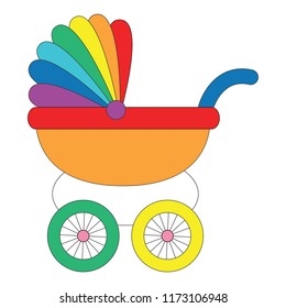 Rainbow Baby Stroller cartoon. Outlined illustration with thin line black stroke