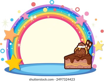 Rainbow background with a chocolate cake slice