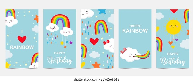 fondo arco iris con nube, ilustración de lluvia para pegatinas,postal,invitación de cumpleaños.Elemento editable