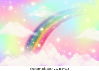 Regenbogen-Hintergrund mit Wolken und Berieselungen in Aquarellfarben auf rosafarbenem Hintergrund. Fantasy-Pastellfarbe. Realistische Vektorgrafik.