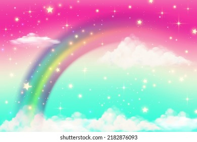 Regenbogen-Hintergrund mit Wolken und Berieselungen in Aquarellfarben auf rosafarbenem Hintergrund. Fantasy-Pastellfarbe. Realistische Vektorgrafik.