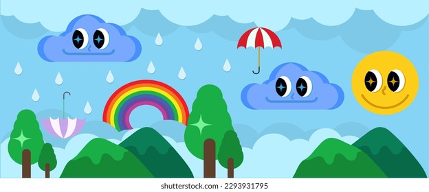Rainbow background with clouds and sun. Monsoon sale background with umbrellas flying around and rainbow Vector illustration