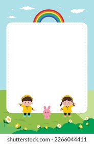 Rainbow background with cute kids and a rabbit