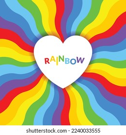 Rainbow background with a heart shape place for the text. Vector cute cartoon graphics. 