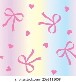 Rainbow background with hearts and bows seamless pattern