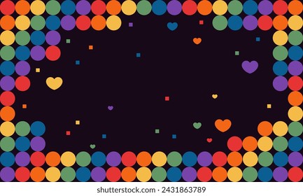 Rainbow background with hearts. LGBT+ Pride design. Rainbow community pride month. Love, freedom, support, peace. Poster with LGBT rainbow
