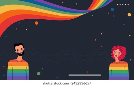 Rainbow background with hearts and persons. LGBT+ Pride design. Rainbow community pride month. Love, freedom, support, peace. Poster with LGBT rainbow