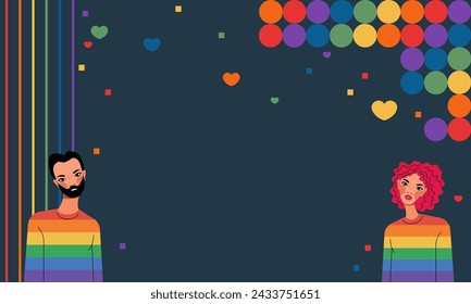 Regenbogenhintergrund mit Herzen und Personen. In: LGBT+ Pride design. In: Rainbow Community Pride Month. Liebe, Freiheit, Unterstützung, Frieden. Poster mit LGBT-Regenbogen