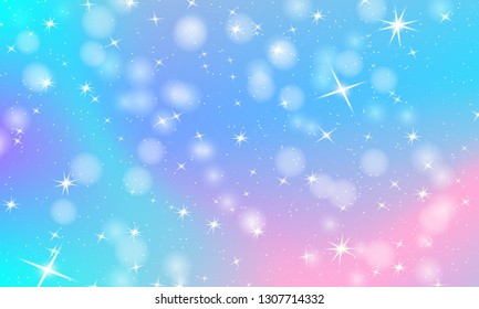 Rainbow background. Holographic sky in pastel color. Bright pattern in princess colors. Vector illustration. Fantasy gradient colorful backdrop with rainbow mesh.