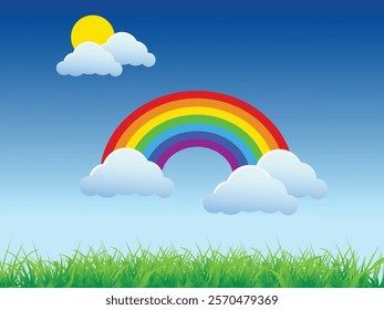 Rainbow background. Illustration of a background with a colorful rainbow, blue sky, clouds, sun and a meadow.