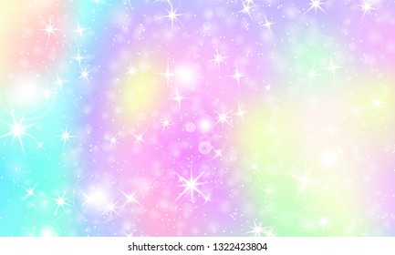 Rainbow background. Kawaii colorful backdrop with rainbow mesh. Holographic sky in pastel color. Bright mermaid pattern in princess colors. Vector illustration.