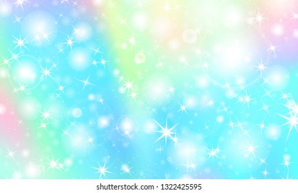 Rainbow background. Kawaii colorful backdrop with rainbow mesh. Holographic sky in pastel color. Bright mermaid pattern in princess colors. Vector illustration.
