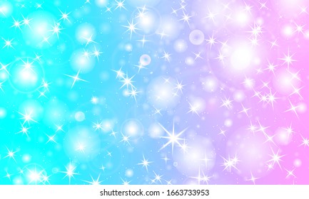 Rainbow background. Kawaii colorful backdrop. Holographic sky in pastel color. Bright mermaid pattern in princess colors. Vector illustration. Unicorn rainbow background.