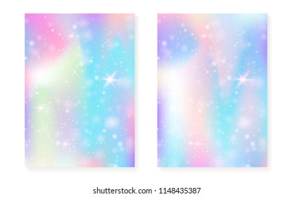 Rainbow background with kawaii princess gradient. Magic unicorn hologram. Holographic fairy set. Multicolor fantasy cover. Rainbow background with sparkles and stars for cute girl party invitation.