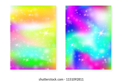Rainbow background with kawaii princess gradient. Magic unicorn hologram. Holographic fairy set. Stylish fantasy cover. Rainbow background with sparkles and stars for cute girl party invitation.