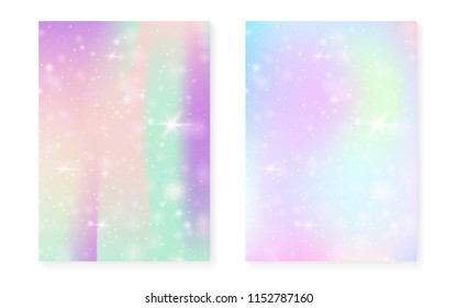 Rainbow background with kawaii princess gradient. Magic unicorn hologram. Holographic fairy set. Mystical fantasy cover. Rainbow background with sparkles and stars for cute girl party invitation.