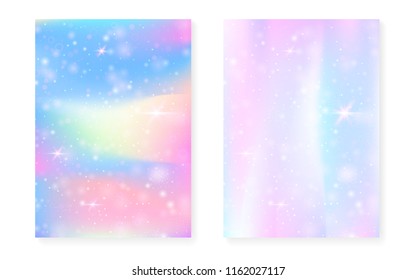 Rainbow background with kawaii princess gradient. Magic unicorn hologram. Holographic fairy set. Bright fantasy cover. Rainbow background with sparkles and stars for cute girl party invitation.