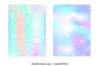 Rainbow background with kawaii princess gradient. Magic unicorn hologram. Holographic fairy set. Bright fantasy cover. Rainbow background with sparkles and stars for cute girl party invitation.