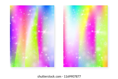 Rainbow background with kawaii princess gradient. Magic unicorn hologram. Holographic fairy set. Vibrant fantasy cover. Rainbow background with sparkles and stars for cute girl party invitation.