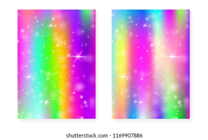 Rainbow background with kawaii princess gradient. Magic unicorn hologram. Holographic fairy set. Trendy fantasy cover. Rainbow background with sparkles and stars for cute girl party invitation. - Shutterstock ID 1169907886