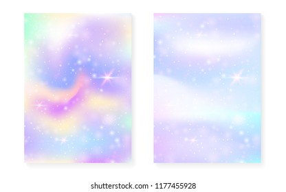 Rainbow background with kawaii princess gradient. Magic unicorn hologram. Holographic fairy set. Creative fantasy cover. Rainbow background with sparkles and stars for cute girl party invitation.