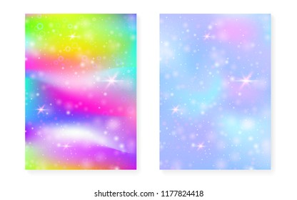 Rainbow background with kawaii princess gradient. Magic unicorn hologram. Holographic fairy set. Multicolor fantasy cover. Rainbow background with sparkles and stars for cute girl party invitation.