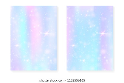 Rainbow background with kawaii princess gradient. Magic unicorn hologram. Holographic fairy set. Bright fantasy cover. Rainbow background with sparkles and stars for cute girl party invitation.