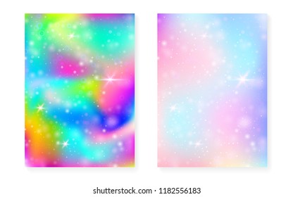 Rainbow background with kawaii princess gradient. Magic unicorn hologram. Holographic fairy set. Multicolor fantasy cover. Rainbow background with sparkles and stars for cute girl party invitation.