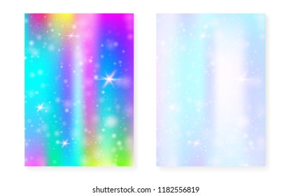 Rainbow background with kawaii princess gradient. Magic unicorn hologram. Holographic fairy set. Mystical fantasy cover. Rainbow background with sparkles and stars for cute girl party invitation.
