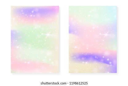 Rainbow background with kawaii princess gradient. Magic unicorn hologram. Holographic fairy set. Vibrant fantasy cover. Rainbow background with sparkles and stars for cute girl party invitation.