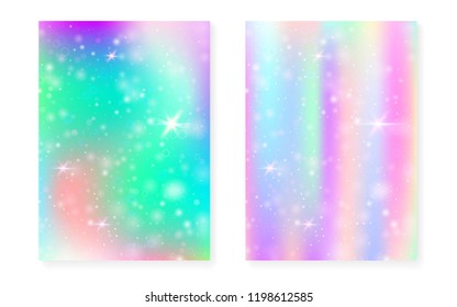 Rainbow background with kawaii princess gradient. Magic unicorn hologram. Holographic fairy set. Mystical fantasy cover. Rainbow background with sparkles and stars for cute girl party invitation.