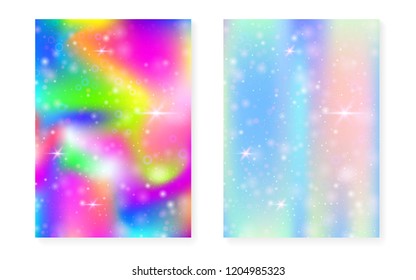 Fondo arcoiris con gradiente de princesa kawaii. Holograma mágico de unicornio. Juego de hadas holográficas. Brillante portada de fantasía. Fondo arcoiris con brillantes y estrellas para la linda invitación a fiesta de chicas.