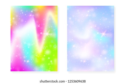 Rainbow background with kawaii princess gradient. Magic unicorn hologram. Holographic fairy set. Fluorescent fantasy cover. Rainbow background with sparkles and stars for cute girl party invitation.