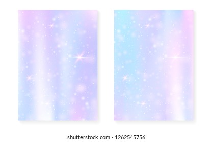 Rainbow background with kawaii princess gradient. Magic unicorn hologram. Holographic fairy set. Vibrant fantasy cover. Rainbow background with sparkles and stars for cute girl party invitation.