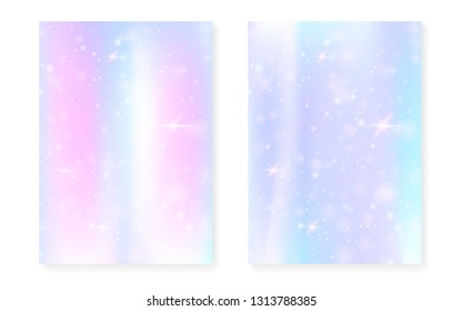 Rainbow background with kawaii princess gradient. Magic unicorn hologram. Holographic fairy set. Fluorescent fantasy cover. Rainbow background with sparkles and stars for cute girl party invitation.