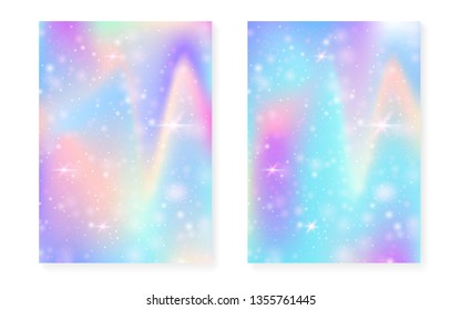 Rainbow background with kawaii princess gradient. Magic unicorn hologram. Holographic fairy set. Multicolor fantasy cover. Rainbow background with sparkles and stars for cute girl party invitation.