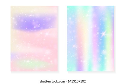 Rainbow background with kawaii princess gradient. Magic unicorn hologram. Holographic fairy set. Vibrant fantasy cover. Rainbow background with sparkles and stars for cute girl party invitation.