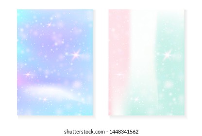 Rainbow background with kawaii princess gradient. Magic unicorn hologram. Holographic fairy set. Spectrum fantasy cover. Rainbow background with sparkles and stars for cute girl party invitation.