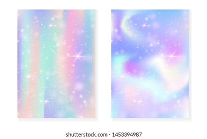 Rainbow background with kawaii princess gradient. Magic unicorn hologram. Holographic fairy set. Vibrant fantasy cover. Rainbow background with sparkles and stars for cute girl party invitation.